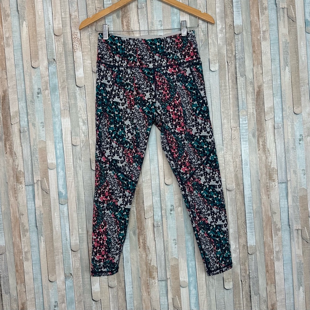 Sweaty Betty S Teal Floral Print High Rise Waist  Power 7/8 Length Legging Tight